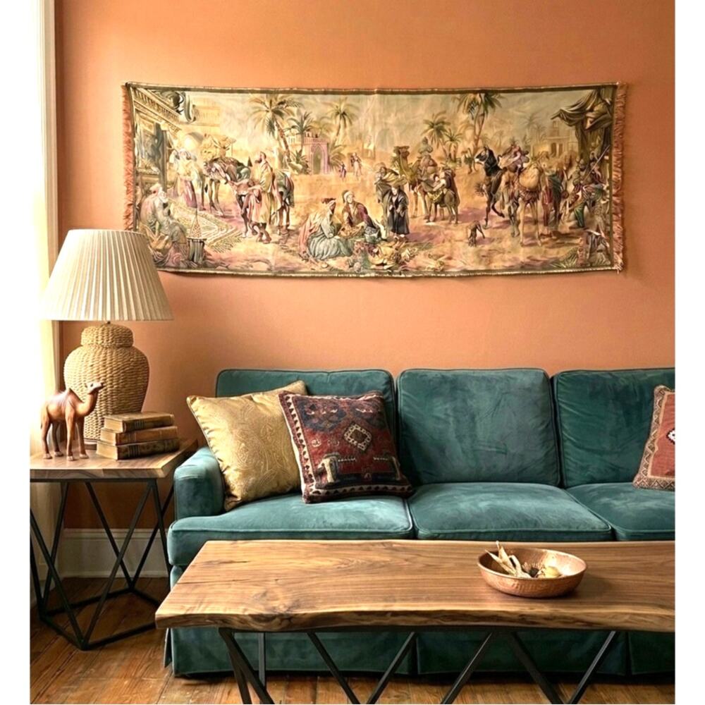 Vtg 1950s Belgium Tapestry Wall Hanging Orientalist Middle Eastern Bazaar 19x54